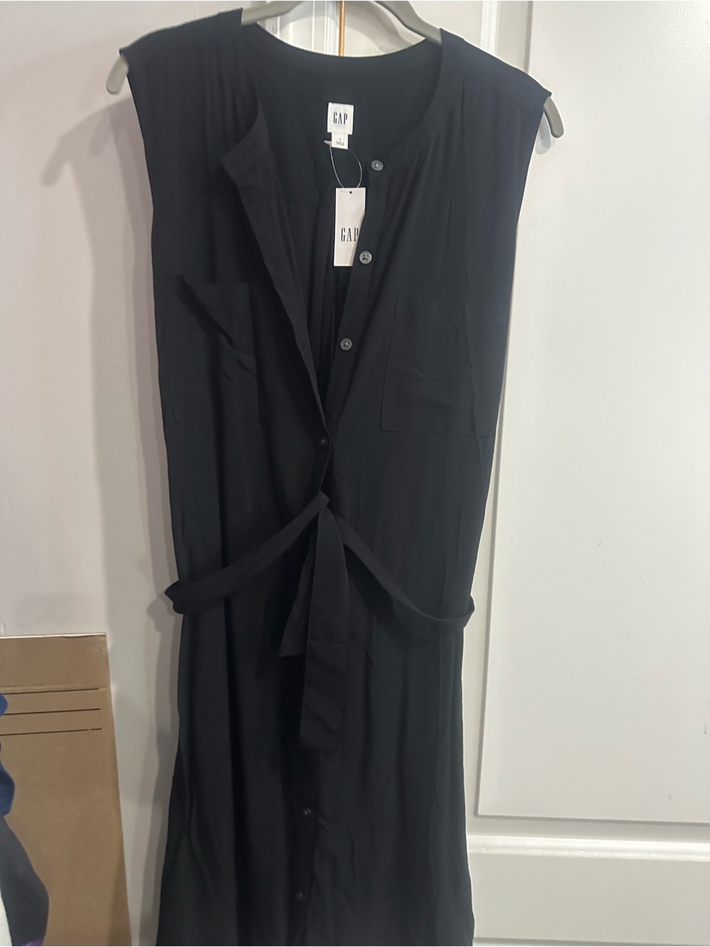 GAP Black Sleeveless Button-Front Tie-Waist Dress